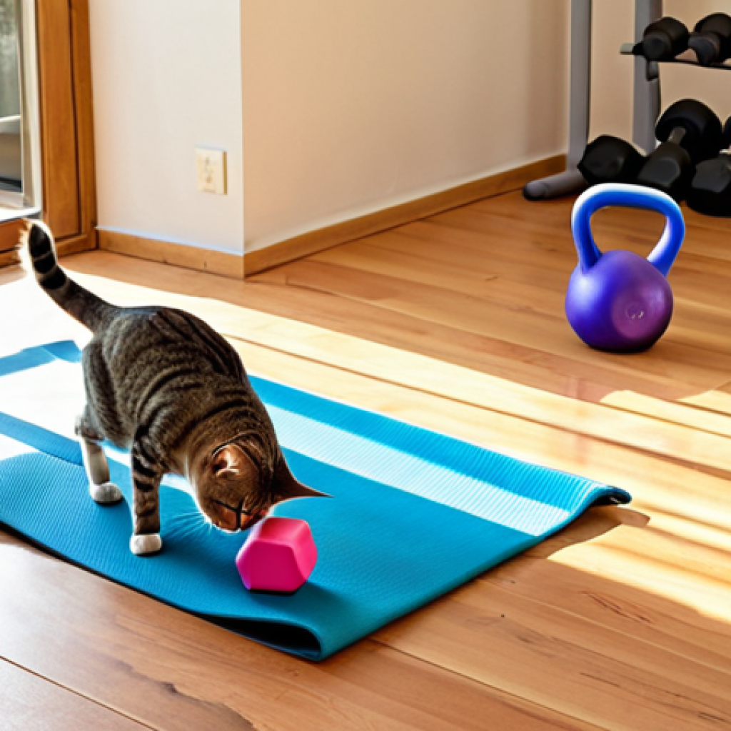 **
A brightly lit and airy living room corner transformed into a home workout space. A yoga mat is laid out on a wooden floor, with a pair of dumbbells and a resistance band nearby. Sunlight streams in through a window. In the background, a small, mischievous-looking tabby cat is playfully eyeing the workout area, hinting at the need for strategic pet management during exercise. Focus on creating a sense of calm, motivation and accessible fitness.
**