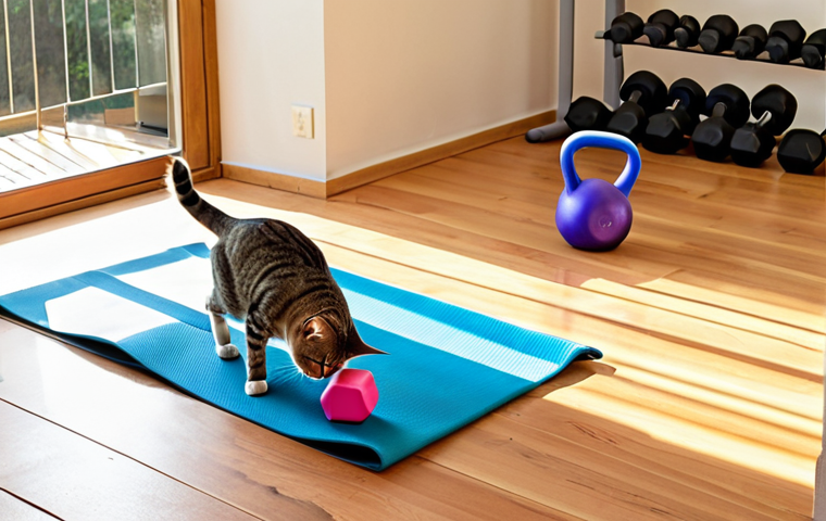 **

A brightly lit and airy living room corner transformed into a home workout space. A yoga mat is laid out on a wooden floor, with a pair of dumbbells and a resistance band nearby. Sunlight streams in through a window. In the background, a small, mischievous-looking tabby cat is playfully eyeing the workout area, hinting at the need for strategic pet management during exercise. Focus on creating a sense of calm, motivation and accessible fitness.

**