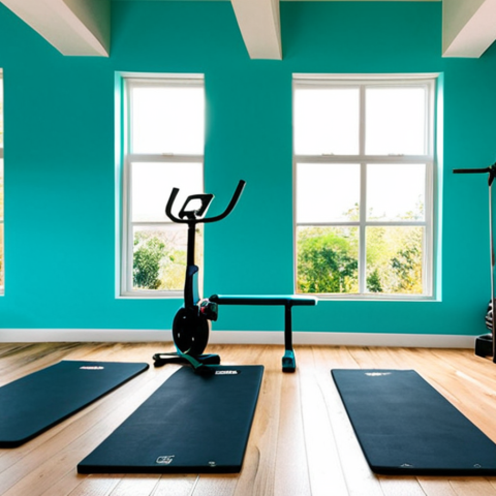 Inspiring Home Gym Setup**
"A brightly lit, clean, and organized home gym space. Sunlight streams through a large window, illuminating yoga mats, a pair of dumbbells, and a jump rope neatly arranged. Motivational posters adorn a turquoise painted wall. Plants add a touch of nature. Fully clothed individuals are exercising gently in the background. Safe for work, appropriate content, family-friendly, perfect anatomy, natural proportions, professional photography, high quality, modest clothing."
**