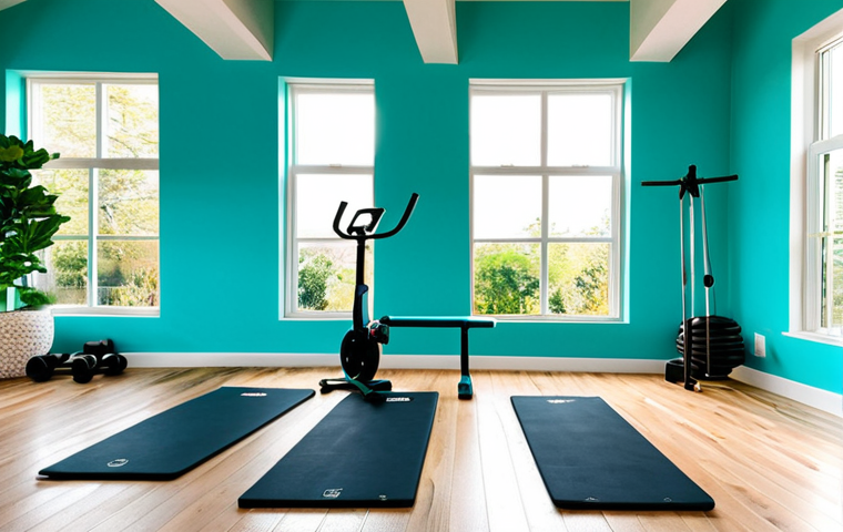 Inspiring Home Gym Setup**
"A brightly lit, clean, and organized home gym space. Sunlight streams through a large window, illuminating yoga mats, a pair of dumbbells, and a jump rope neatly arranged. Motivational posters adorn a turquoise painted wall. Plants add a touch of nature. Fully clothed individuals are exercising gently in the background. Safe for work, appropriate content, family-friendly, perfect anatomy, natural proportions, professional photography, high quality, modest clothing."
**