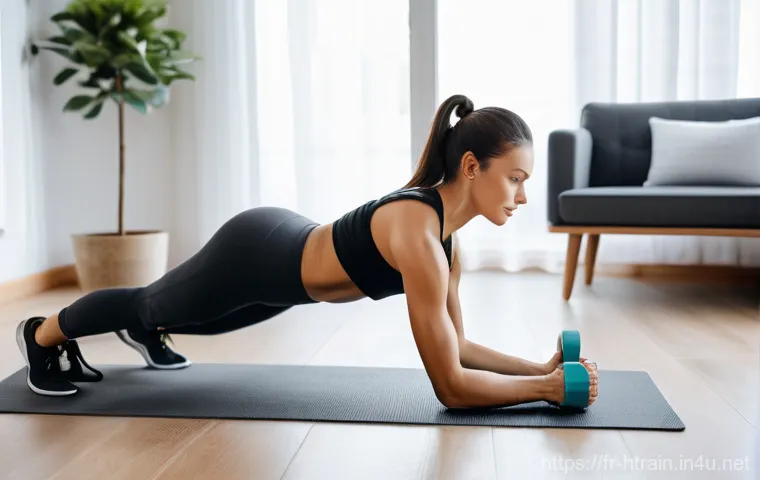 홈트 운동 앱 추천 - **Personalized Home Workout with Virtual Coach**
    A determined young woman, in her late 20s, with...