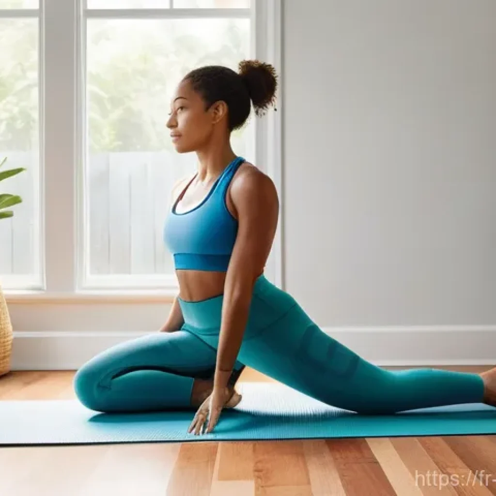 홈트 운동 다이어트 성공기 - **Prompt:** A serene, inviting home fitness sanctuary within a living room. A woman in comfortable, ...