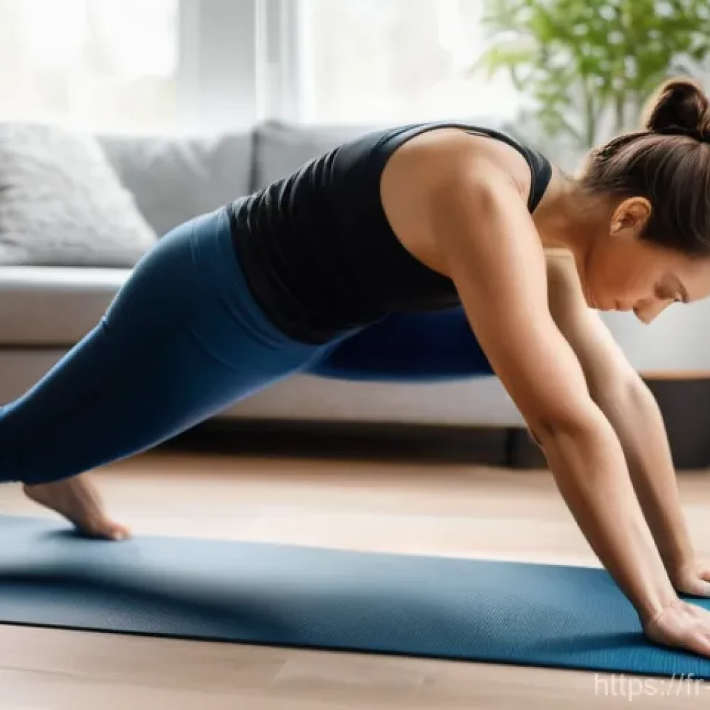 홈트 운동으로 얻을 수 있는 장기적인 효과 - **Prompt:** "A determined woman, in her early 30s, performing a plank exercise on a yoga mat in a cl...