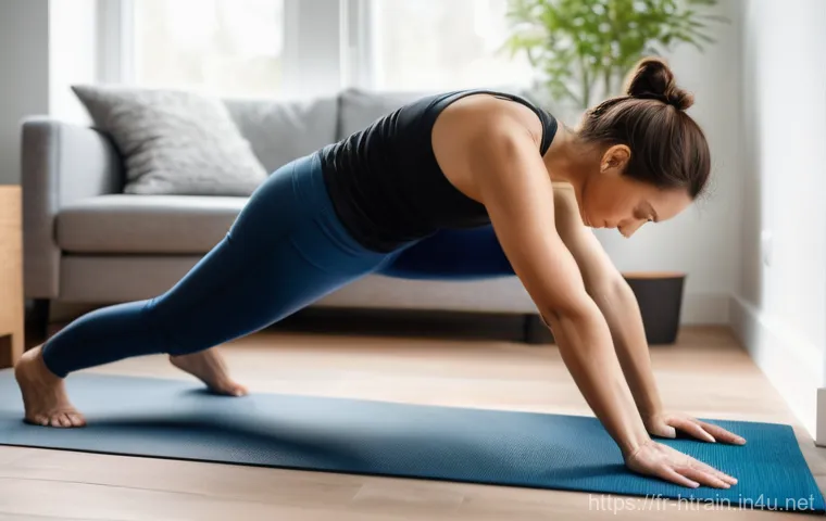 홈트 운동으로 얻을 수 있는 장기적인 효과 - **Prompt:** "A determined woman, in her early 30s, performing a plank exercise on a yoga mat in a cl...