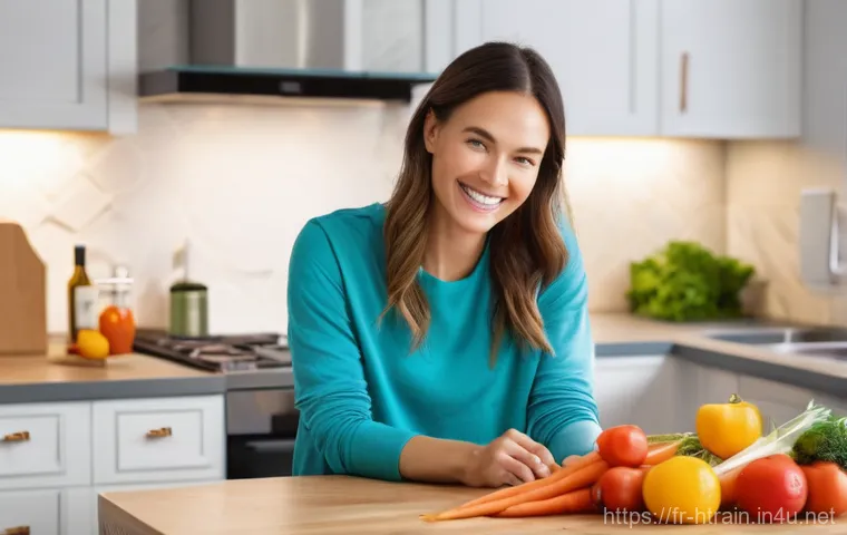 홈트 운동 다이어트 효과 - **Prompt for Healthy Home Cooking and Mindful Eating:**
    "A cheerful and focused woman in her lat...
