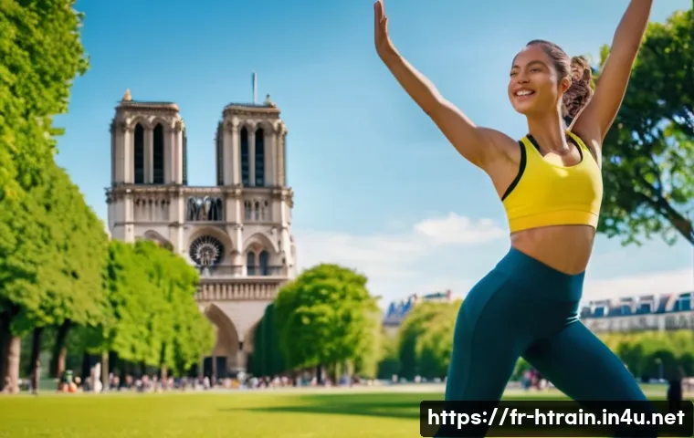 홈트 점핑잭 - **Prompt:** A young woman in her early 20s is doing jumping jacks in a sunny Parisian park. She's we...