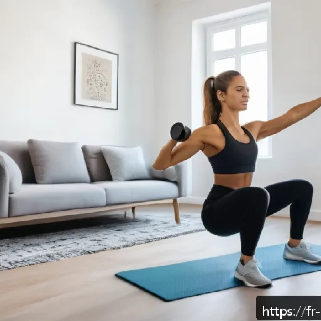홈트 1일 30분 운동 - A dynamic home workout scene featuring a young adult woman performing a multi-joint exercise such as...