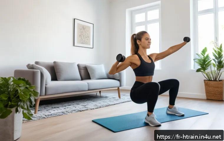 홈트 1일 30분 운동 - A dynamic home workout scene featuring a young adult woman performing a multi-joint exercise such as...