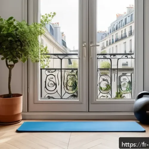 Home 15 홈트 운동 계획 단계별 설정법 - A cozy home workout corner in a modern Parisian apartment, featuring a neatly organized small space ...