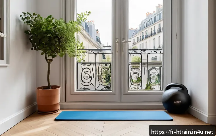 홈트 운동 계획 단계별 설정법 - A cozy home workout corner in a modern Parisian apartment, featuring a neatly organized small space ...