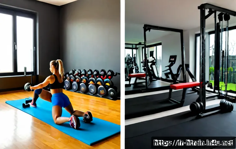 홈트 운동 효과 비교  홈트 vs 헬스장 - Photorealistic split-scene comparison of a French adult exercising at home versus in a modern gym: l...